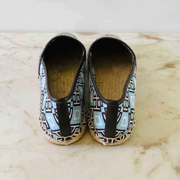 TORY BURCH Blue Brown 4T Logo Print Canvas/Veg Leather Espadrille Flats - US 6.5 - Picture 6 of 9